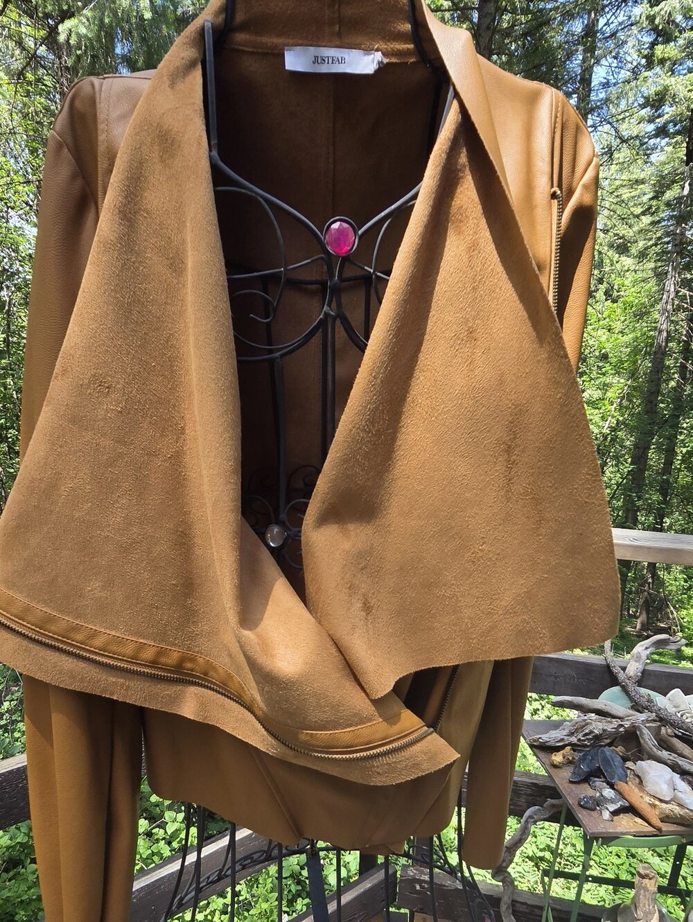 JustFab Cognac Brown/tan Faux Suede Draped Leather Jacket SzL - Picture 11 of 13